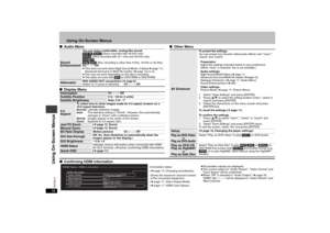 Page 1818
RQT8512
Using On-Screen Menus
∫Audio Menu
∫Display Menu∫Other MenuSound 
Enhancement
You can enjoy comfortable, analog-like sound.
[DVD-VR]
 [DVD-V] (Discs recorded with 48 kHz only)
[DVD-A] (Discs recorded with 44.1 kHz and 48 kHz only)
[VCD]
 [CD]
[WMA] [MP3] (Disc recording is other than 8 kHz, 16 kHz or 32 kHz)
On ,------. Off
≥This does not work when Night Sound Mode, H.Bass(➜page 11), 
Advanced Surround or Multi Re-master (➜page 12) is on.
≥This may not work depending on the disc’s recording....