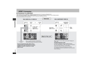 Page 66RQT8512
STEP 1
 Connection
∫
Connection to a television
 
≥Do not place the unit on amplifiers or equipment that may become hot. The heat can damage the unit.
≥Do not connect through the video cassette recorder. Due to copy guard protection, the picture may not display properly.
≥Turn off all equipment before connection and read the appropriate operating instructions.
≥Connect the terminals of the same color.
Please connect directly to TV.
PRPB
RL
Y
Please connect directly to TV.
PRPB
RL
Y
DIGITAL AUDIO...