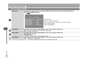 Page 18
RQTC0128

On-Screen Menu 4 (HDMI)
HDMI STATUSIndicates various information when connected with HDMI AV OUT terminal ( below, Conﬁrming HDMI information).Conﬁrming HDMI information          

HD ENHANCERWith HDMI connection (When “VIDEO PRIORITY” is set to “ON”) ( page 20, “HDMI” menu)
Makes the quality of HDMI video output (720p, 1080i, 1080p) sharp.
OFF, 1 (weakest) to 3 (strongest)
VIDEO FORMAT With HDMI connection (When “VIDEO PRIORITY” is set to “ON”) ( page 20, “HDMI” menu)480p/720p/1080p...
