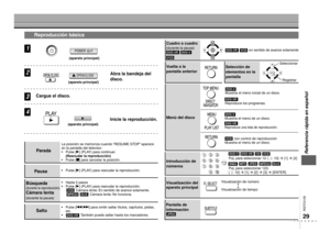 Page 29
RQTC0128

Reproducción básica
1
2Abra la bandeja del 
disco.
3Cargue el disco.
4
Inicie la reproducción.
(aparato principal)
(aparato principal)
(aparato principal)
La posición se memoriza cuando “RESUME STOP” aparece 
en la pantalla del televisor.
Pulse [q] (PLAY) para continuar. 
(Reanudar la reproducción)
Pulse [g] para cancelar la posición.
•
•
Parada
Pulse [q] (PLAY) para reanudar la reproducción.•Pausa
Hasta 5 pasosPulse [q] (PLAY) para reanudar la reproducción.
 Cámara lenta: En sentido de avance...