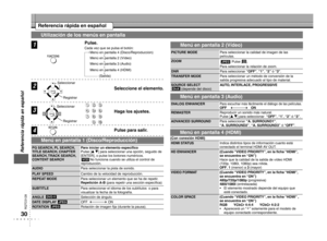 Page 30
RQTC0128

Utilización de los menús en pantalla
1
2
3
4
Pulse.Seleccione el elemento.
Haga los ajustes.
Pulse para salir.
Seleccionar
Seleccionar
Menú en pantalla 1 (Disco/Reproducción)
PG SEARCH, PL SEARCH, 
TITLE SEARCH, CHAPTER 
SEARCH, TRACK SEARCH, 
CONTENT SEARCH Para iniciar un elemento especíﬁco
Pulse [e r] para seleccionar una opción, seguido de 
[ENTER], o pulse los botones numéricos.
No funciona cuando se utiliza el control de reproducción.
AUDIO Para seleccionar la pista de sonido.
PLAY SPEED...