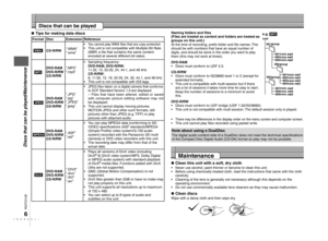 Page 6
RQTC0128

Naming folders and ﬁles
(Files are treated as content and folders are treated as 
groups on this unit.)
At the time of recording, preﬁx folder and ﬁle names. This 
should be with numbers that have an equal number of 
digits, and should be done in the order you want to play 
them (this may not work at times).
DVD-RAMDiscs must conform to UDF 2.0.
CD-R/RW Discs must conform to ISO9660 level 1 or 2 (except for 
extended formats).
This unit is compatible with multi-session but if there 
are a lot...