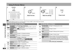 Page 16
RQTC0152
1617
RQTC0152
RQTC0152
1617
RQTC0152

e.g.
 DVD-V
T9  C99PG SEARCH, 
PL SEARCH, 
TITLE SEARCH, CHAPTER 
SEARCH, 
TRACK SEARCH, 
CONTENT SEARCH To start from a speciﬁc item
Press [e r] to select and press [OK], or, press the 
numbered buttons.
VCDThis does not work when using playback control ( page 20, Glossary).
•
 AUDIO( page 15, Changing soundtracks)
 PLAY SPEED( page 14, Changing play speed)
Using On-Screen Menus
1234
Select the item. Press to exit.
SelectSelect
Items shown differ...