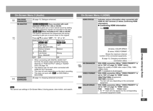 Page 17
RQTC0152
1617
RQTC0152
RQTC0152
1617
RQTC0152

Using On-Screen Menus
Using On-Screen Menus
On-Screen Menu 3 (Audio)
DIALOGUE ENHANCER( page 15, Dialogue enhancer)
RE-MASTERDVD-VDVD-VRCDDiscs recorded with multi 
channels LPCM at 44.1 kHz or 48 kHz
This feature gives you a more natural sound by adding 
the higher frequency signals not recorded on the disc.MP3WMADiscs recorded at 44.1 kHz or 48 kHz
This feature reproduces the frequencies lost during 
recording to give you a sound closer to the original....