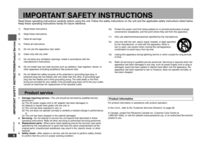 Page 4
RQTC0152
45
RQTC0152
RQTC0152
45
RQTC0152

1)  Read these instructions.
2)  Keep these instructions.
3)  Heed all warnings.
4)  Follow all instructions.
5)  Do not use this apparatus near water.
6)  Clean only with dry cloth.
7)   Do not block any ventilation openings. Install in accordance with the 
 
manufacturer’s instructions.
8)   Do not install near any heat sources such as radiators, heat registers, stoves, or  other apparatus (including ampliﬁers) that produce heat.
9)   Do not defeat the safety...