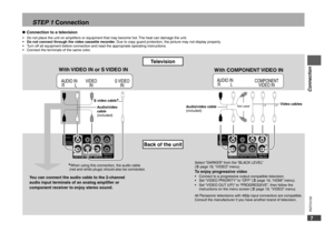 Page 7
RQTC0152
67
RQTC0152
RQTC0152
67
RQTC0152

NI OIDUAL          RTNENOPMOCNI OEDIVNI OIDUAL          ROEDIVNI OEDIV SNI

Do not place the unit on ampliﬁers or equipment that may become hot. The heat can damage the unit.
Do not connect through the video cassette recorder. Due to copy guard protection, the picture may not display properly.
Turn off all equipment before connection and read the appropriate operating instructions.
Connect the terminals of the same color.••••
Television
You can connect the...