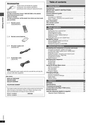 Page 2Getting started
RQT6974
2
User memo:
Table of contents
Accessories . . . . . . . . . . . . . . . . . . . . . . . . . . . . . . . . . . . . . . .  2
IMPORTANT SAFETY INSTRUCTIONS . . . . . . . . . . . . . . . . .  4
Maintenance  . . . . . . . . . . . . . . . . . . . . . . . . . . . . . . . . . . . . . .  4
Control reference guide . . . . . . . . . . . . . . . . . . . . . . . . . . . . .  5
Connection  . . . . . . . . . . . . . . . . . . . . . . . . . . . . . . . . . . . . . . .  6
Connection to a...