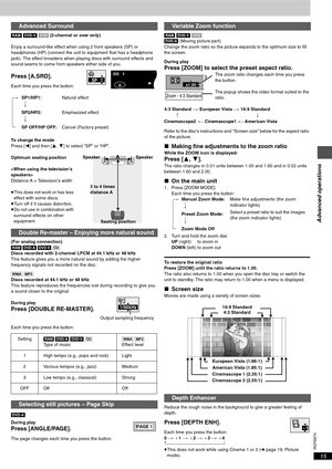 Page 15RQT6974
15
Advanced operations
[RAM] [DVD-V] [VCD] (2-channel or over only)
Enjoy a surround-like effect when using 2 front speakers (SP) or 
headphones (HP) (connect the unit to equipment that has a headphone 
jack). The effect broadens when playing discs with surround effects and 
sound seems to come from speakers either side of you.
Press [A.SRD].
Each time you press the button:
To change the mode
Press [2] and then [3, 4] to select “SP” or “HP”.
Optimum seating position

Distance A = Television’s...