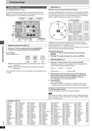 Page 22Advanced operations
RQT6974
22
Changing settings
For analog connection (➜ page 7)
Change speaker presence and size a, delay time b, and channel 
balance c to suit the speakers you have connected when you select 
“Multi-channel” (3 or more speakers are connected).
1. Press [3, 4, 2, 1] to select the item and press [ENTER].
2. Press [3, 4] to select the setting and press [ENTER].
Icon examples: 
Surround speaker (LS)
≥Large: When the speaker supports low-frequency (under 100 Hz) 
reproduction.
≥Small:...