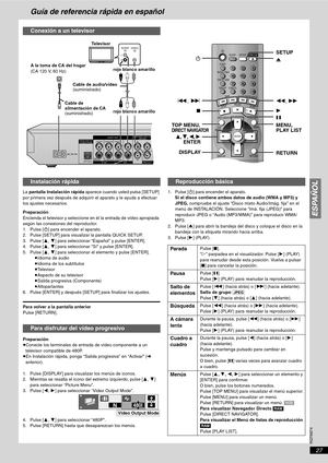 Page 27ESPAÑOL
RQT6974
27
Guía de referencia rápida en español
La pantalla Instalación rápida aparece cuando usted pulsa [SETUP] 
por primera vez después de adquirir el aparato y le ayuda a efectuar 
los ajustes necesarios.
Preparación
Encienda el televisor y seleccione en él la entrada de vídeo apropiada 
según las conexiones del reproductor.
1. Pulse [Í] para encender el aparato.
2. Pulse [SETUP] para visualizar la pantalla QUICK SETUP.
3. Pulse [3, 4] para seleccionar “Español” y pulse [ENTER].
4. Pulse [3,...