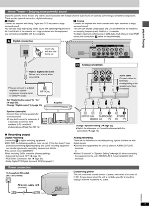 Page 7RQT6974
Getting started
7
Enjoy the powerful movie theater and hall-like sound available with multiple channel audio found on DVDs by connecting an amplifier and speakers. 
There are two types of connection, digital and analog.
\A\DIgital
Connect an amplifier with Dolby Digital and DTS decoders to enjoy 
surround sound.
You can also enjoy high-quality stereo sound with sampling frequencies of 
88.2 and 96 kHz if the material isn’t copy-protected and the equipment 
you connect is compatible with these...