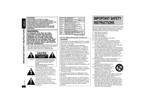 Page 22RQT8087
THE FOLLOWING APPLIES ONLY IN THE U.S.A.
CAUTION!THIS PRODUCT UTILIZES A LASER.
USE OF CONTROLS OR ADJUSTMENTS OR 
PERFORMANCE OF PROCEDURES OTHER THAN 
THOSE SPECIFIED HEREIN MAY RESULT IN 
HAZARDOUS RADIATION EXPOSURE.
DO NOT OPEN COVERS AND DO NOT REPAIR 
YOURSELF. REFER SERVICING TO QUALIFIED 
PERSONNEL.WARNING:TO REDUCE THE RISK OF FIRE, 
ELECTRIC SHOCK OR PRODUCT 
DAMAGE, DO NOT EXPOSE THIS 
APPARATUS TO RAIN, MOISTURE, 
DRIPPING OR SPLASHING AND THAT 
NO OBJECTS FILLED WITH LIQUIDS, 
SUCH...