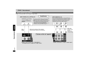 Page 348RQT8087
ÉTAPE 1
Raccordement
≥Régler “Sortie audio HDMI” à “Non” (➜page 21, Onglet “HDMI”).
Rendu ambiophonique multicanal
OPTICAL
COAXIALDIGITAL AUDIO OUT(PCM/BITSTREAM)
chLR
CENTERSUSUBWOOFER
5.
COAXIAL INCENTER  SUBWOOFER
SURROUND
[L(G)]        [R(D)]FRONT
[L(G)]         [R(D)]
COAXIAL IN
OPTICAL IN
AUDIO O UT
5. 1 c hLR
CENTERSURROUNDFRONT L/LSUBWOOFER
FRONT R/R
LR2c22h
OPTICAL
Câble 
coaxialCâble audio
Connecter les câbles 
aux prises 
correspondant aux 
enceintes acoustiques 
qui ont été...