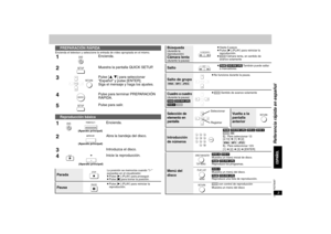 Page 553RQT8087
Encienda el televisor y seleccione la entrada de vídeo apropiada en el mismo.
PREPARACIÓN RÁPIDA
1
Encienda.
2
Muestra la pantalla QUICK SETUP.
3
Pulse [3 4] para seleccionar 
“Español” y pulse [ENTER].
Siga el mensaje y haga los ajustes.
4
Pulse para terminar PREPARACIÓN 
RÁPIDA.
5
Pulse para salir.
Reproducción básica
1
Encienda.
2
Abra la bandeja del disco.
3
Introduzca el disco.
4
Inicie la reproducción.
Parada
La posición se memoriza cuando “!” 
parpadea en el visualizador.
≥Pulse [1]...