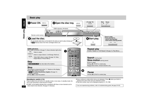 Page 1010
RQT8087
Basic play
Standby/on switch (Í/I)Press to switch the unit from on to standby mode or vice versa. In standby mode, the 
unit is still consuming a small amount of power.
≥“D.MIX” on the display indicates that a soundtrack with three or more channels can be 
down-mixed to two channels ( 
➜page 27, Glossary).
≥Discs continue to rotate while menus are displayed. Press [∫] when you finish to 
preserve the unit’s motor and your television screen.
≥Total title number may not be displayed properly on...