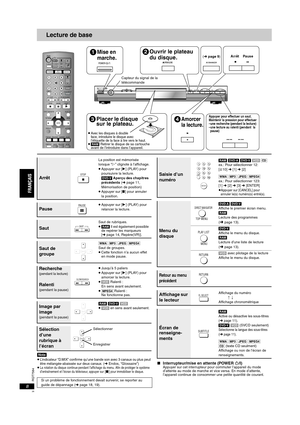 Page 26RQT7584
8
Lecture de base
[Nota]≥L’indicateur “D.MIX” confirme qu’une bande son avec 3 canaux ou plus peut 
être mélangée-abaissée sur deux canaux. (➜ Endos, “Glossaire”)
≥La rotation du disque continue pendant l’affichage du menu. Afin de protéger le système 
d’entraînement et l’écran du téléviseur, appuyer sur [∫] pour immobiliser le disque.
∫Interrupteur/mise en attente (POWER Í/I)Appuyer sur cet interrupteur pour commuter l’appareil du mode 
d’attente au mode de marche et vice versa. En mode...