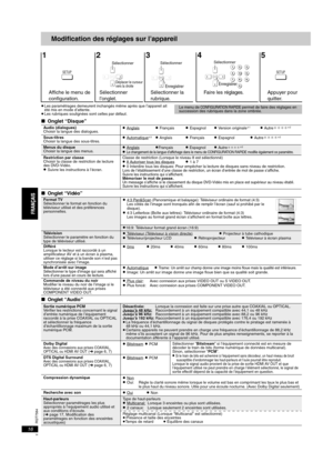 Page 34RQT7584
16
Modification des réglages sur l’appareil
≥Les paramétrages demeurent inchangés même après que l’appareil ait 
été mis en mode d’attente.
≥Les rubriques soulignées sont celles par défaut.
∫Onglet “Disque”
∫
Onglet “Vidéo”
∫
Onglet “Audio”
1234 5
Affiche le menu de 
configuration.Sélectionner 
l’onglet.Sélectionner la 
rubrique.Faire les réglages. Appuyer pour 
quitter.
SETUPENTER
Sélectionner
Déplacer le curseur 
vers la droiteENTER
Enregistrer
Sélectionner
ENTER
123
456
789
0Sélectionner...