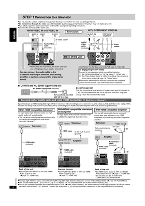 Page 6RQT7584
6
STEP 1 Connection to a television
≥Do not place the unit on amplifiers or equipment that may become hot. The heat can damage the unit.
≥Do not connect through the video cassette recorder. Due to copy guard protection, the picture may not display properly.
≥Turn off all equipment before connection and read the appropriate operating instructions.
≥Connect the terminals of the same color.
∫Connect the AC power supply cord lastConserving powerThis unit consumes a small amount of power, even when it...