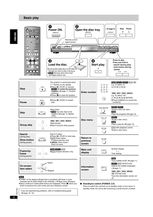 Page 8RQT7584
8
Basic play
[Note]≥“D.MIX” on the display indicates that a soundtrack with three or more 
channels can be down-mixed to two channels. ( ➜Back cover, Glossary)≥Discs continue to rotate while menus are displayed. Press [∫] when you 
finish to preserve the unit’s motor and your television screen.∫Standby/on switch (POWER Í/I)Press to switch the unit from on to standby mode or vice versa. In 
standby mode, the unit is still consuming a small amount of power.
720p/1080i
Press to skip.
Press and hold...