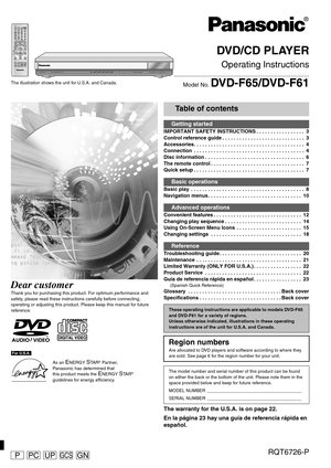 Page 1The illustration shows the unit for U.S.A. and Canada.
DVD/CD PLAYER
Operating Instructions
Model No. DVD-F65/DVD-F61
PRELIMINARY
123
456
789
0
10
SLEEP
DISC DISC1 DISC2 DISC3SETUPOPEN/CLOSESEQUENTIALFL SELECTGROUP
DIRECT NAVIGATORTOP
MENU  
DISPLAYSUBTITLEPLAY MODEZOOMPOSITION
MEMORY DOUBLE
RE-MASTERAUDIOANGLE/ PAGEQUICK REPLAYRETURN
MENUENTERPLAY LIST
CANCELDISC4 DISC5
SKIPSLOW/SEARCHSTOPPLAYPAUSE
POWER Í /ICD SEQUENTIALDISCDOUBLE RE-MASTER; ∫1:/65/9DISC EXCHANGE DISC SKIP