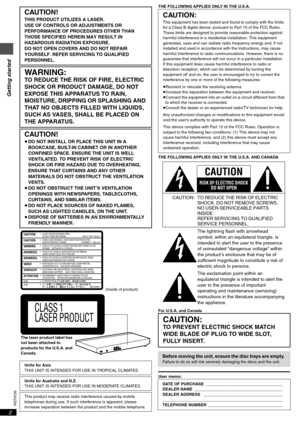 Page 2Getting started
RQT6726
2
 (Inside of product)THE FOLLOWING APPLIES ONLY IN THE U.S.A.
THE FOLLOWING APPLIES ONLY IN THE U.S.A. AND CANADA
For U.S.A. and Canada
User memo:
CAUTION!
THIS PRODUCT UTILIZES A LASER.
USE OF CONTROLS OR ADJUSTMENTS OR 
PERFORMANCE OF PROCEDURES OTHER THAN 
THOSE SPECIFIED HEREIN MAY RESULT IN 
HAZARDOUS RADIATION EXPOSURE.
DO NOT OPEN COVERS AND DO NOT REPAIR 
YOURSELF. REFER SERVICING TO QUALIFIED 
PERSONNEL.
WARNING:
TO REDUCE THE RISK OF FIRE, ELECTRIC 
SHOCK OR PRODUCT...