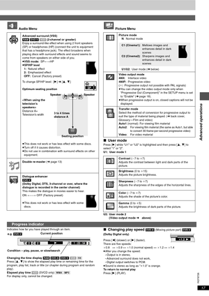 Page 17Advanced operations
RQT6726
17
 Audio Menu  Picture Menu
∫User modePress [1] while “U1” or “U2” is highlighted and then press [3,4] to 
select “1” or “2”.
U1: User mode 1
U2: User mode 2
(Video output mode ➜ above)
Indicates how far you have played through an item.
Changing the time display [RAM] [DVD-A] [DVD-V] [VCD] [CD]
Press [3, 4] to show the elapsed play time or remaining time for the 
program, play list, track or title (or chapter during program and random 
play).
Elapsed play time [VCD] (SVCD...