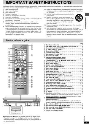 Page 3Getting started
RQT6726
3
IMPORTANT SAFETY INSTRUCTIONS
Read these operating instructions carefully before using the unit. Follow the safety instructions on the unit and the applicable safety instructions listed 
below. Keep these operating instructions handy for future reference.
1) Read these instructions.
2) Keep these instructions.
3) Heed all warnings.
4) Follow all instructions.
5) Do not use this apparatus near water.
6) Clean only with dry cloth.
7) Do not block any ventilation openings. Install...