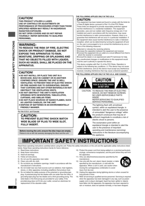 Page 2RQT7292
2
For the U.S.A. and CanadaTHE FOLLOWING APPLIES ONLY IN THE U.S.A.
THE FOLLOWING APPLIES ONLY IN THE U.S.A. AND CANADA
Read these operating instructions carefully before using the unit. Follow the safety instructions on the unit and the applicable safety instructions listed 
below. Keep these operating instructions handy for future reference.
1) Read these instructions.
2) Keep these instructions.
3) Heed all warnings.
4) Follow all instructions.
5) Do not use this apparatus near water.
6) Clean...