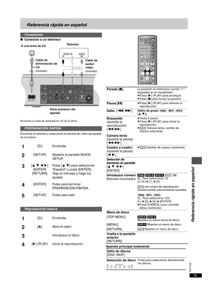 Page 19RQT7292
19
Referencia rápida en español
∫Conexión a un televisor
≥Conecte el cable de alimentación de CA el último. 
Encienda el televisor y seleccione la entrada de vídeo apropiada 
en el mismo.
Aparato principal solamente
Conexiones
PREPARACIÓN RÁPIDA
1[Í]Encienda.
2[SETUP]Muestra la pantalla QUICK 
SETUP.
3[3 4 2 1]
[ENTER]
[RETURN]Pulse [3 4] para seleccionar 
“Español” y pulse [ENTER].
Siga el mensaje y haga los 
ajustes.
4[ENTER]Pulse para terminar 
PREPARACIÓN RÁPIDA.
5[SETUP]Pulse para salir....