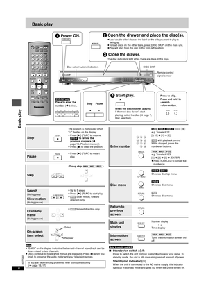 Page 6RQT7292
6
[Note]
≥“D.MIX” on the display indicates that a multi-channel soundtrack can be 
down-mixed to two channels.
≥Discs continue to rotate while menus are displayed. Press [∫] when you 
finish to preserve the unit’s motor and your television screen.[Asia,\Australia\and\N.Z.]
∫Standby/on switch (Í/I)Press to switch the unit from on to standby mode or vice versa. In 
standby mode, the unit is still consuming a small amount of power.
Standby/on indicator (Í)When the unit is connected to the AC mains...
