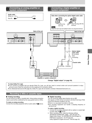 Page 3737
RQT5741
Home Theater
(PCM/BITSTREAM)
RL
OPTICAL COAXIALCENTER SURROUND R/
FRONT RL/
FRONT L
RLSUB-
WOOFERT
AC IN
DIGITAL AUDIO OUTAUDIO OUT5.1 ch 2 ch
AUDIO OUT
2 ch
PBYPR
(PCM/BITSTREAM)
OPTICAL COAXIALCENTER SURROUND R/
FRONT RL/
FRONT L
RLSUB-
WOOFERS VIDEO OUT
AC IN
COMPONENT VIDEO OUTVIDEO OUTDIGITAL AUDIO OUTAUDIO OUT5.1 ch 2 ch
RL
 AUX INOPTICAL COAXIAL
or
480P COMPONENT VIDEO OUTPBYPR
CConnecting an analog amplifier or
system componentDConnecting a digital amplifier or
system component...