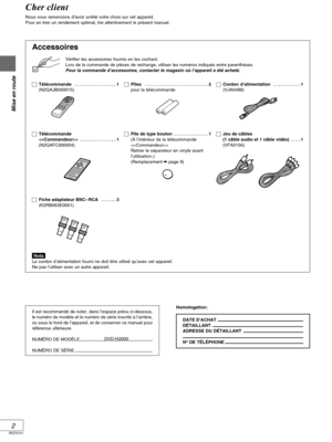 Page 48RQT5741
2
Mise en route
Accessoires
Vérifier les accessoires fournis en les cochant.
Lors de la commande de pièces de rechange, utiliser les numéros indiqués entre parenthèses.
Pour la commande d’accessoires, contacter le magasin où l’appareil a été acheté.
Télécommande  . . . . . . . . . . . . . . . . . 1
(N2QAJB000015)Piles  . . . . . . . . . . . . . . . . . . . . . . . . . . 2
pour la télécommandeCordon d’alimentation  . . . . . . . . . . . 1
(VJA0488)
Jeu de câbles
(1 câble audio et 1 câble...