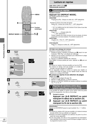 Page 68RQT5741
22
Fonctions évoluées
A
2 1
B
A ✱
A B
TV
CH
TV/AV
GROUP
PA G ESUBTITLE
SKIP
STOP
CANCEL
HP-V.S.S.
TEXT
ACTIONSP-V.S.S.AUDIO
ONLY
REPEAT
MODEA-B
REPEATPLAY
MODE ANGLE
123
456
789
0
PAUSEPLAY
SLOW/SEARCH
AUDIORETURNMARKERENTER
VOLPOWER
POWER
OPEN/CLOSETCERIDROTAGIVANTOPMENUMENU
DISPLAYTSILYALP
REPEAT
MODE
A-B
REPEAT
A-B
REPEAT
REPEAT MODEMENU
∫
1
1·2
  10>
=
PGM RND
DVDVCDA-BV.S.S.BASS
VIDEO
PGM RND
DVDVCDA-BV.S.S.BASS
VIDEOC
T
OFF
Lecture en reprise
  
Télécommande...