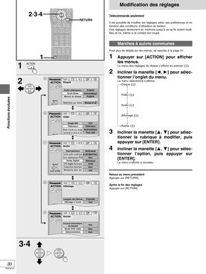 Page 76RQT5741
Fonctions évoluées
30
2·3·4
RETURN
21
3·4
a
b
c
d
e
ACTION
ENTER
ENTERENTER
STOP
CANCEL
HP-V.S.S.
TEXT
ACTIONSP-V.S.S.AUDIO
ONLY
REPEAT
MODEA-B
REPEATPLAY
MODE ANGLE
123
456
789
0
PAUSE PLAY
  10>
=
D
SKIPSLOW/SEARCH
GIVANTOPMENUMENUTSILYAL
SUBTITLE
GROUP
PA G EAUDIORETURNMARKERENTER
1
Affichage
Langues des MenusAffichage à lécranFrançais
Oui
ACTION
SELECT
ACTION
SELECT
Mode darrêt sur imageCommande de niveau du noirAutomatique
Plus clairTéléviseurTélévision
Vidéo
DisqueACTION
SELECT
ENTER...