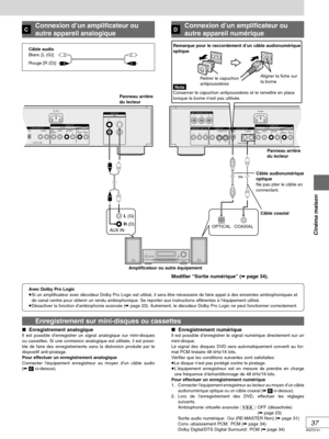 Page 8337
RQT5741
Cinéma maison
(PCM/BITSTREAM)
RL
OPTICAL COAXIALCENTER SURROUND R/
FRONT RL/
FRONT L
RLSUB-
WOOFERT
AC IN
DIGITAL AUDIO OUTAUDIO OUT5.1 ch 2 ch
AUDIO OUT
2 ch
PBYPR
(PCM/BITSTREAM)
OPTICAL COAXIALCENTER SURROUND R/
FRONT RL/
FRONT L
RLSUB-
WOOFERS VIDEO OUT
AC IN
COMPONENT VIDEO OUTVIDEO OUTDIGITAL AUDIO OUTAUDIO OUT5.1 ch 2 ch
RL
 AUX INOPTICAL COAXIAL
ou
480P COMPONENT VIDEO OUTPBYPR
R (D)L (G)
CConnexion d’un amplificateur ou
autre appareil analogique
Panneau arrière
du lecteur...