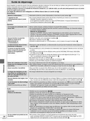 Page 84RQT5741
Références
38
Aucun son.
Présence de distorsion.
Un son strident est produit sur les
enceintes.Vérifier tous les raccordements.   
Vérifier le niveau de volume sur les appareils connectés.
Vérifier les paramètres du signal d’entrée sur le téléviseur et l’équipement audio.
Si le lecteur est connecté à un amplificateur par le truchement des prises de sortie audio
(AUDIO OUT), eller au menu Audio de l’écran ACTION et changer “Haut-parleurs”. Sélectionner
la grand ou la petit icône pour...