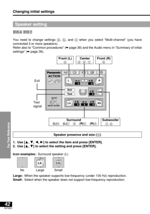 Page 42For Your Reference
42RQT6025
You need to change settings a, b, and cwhen you select “Multi-channel” (you have 
connected 3 or more speakers).
Refer also to “Common procedures” (➡page 38) and the Audio menu in “Summary of initial
settings” (➡page 36).
DVD-VDVD-A
Speaker setting
Changing initial settings
1. Use [3, 4, 2, 1] to select the item and press [ENTER].
2. Use [3, 4] to select the setting and press [ENTER].
Icon examples:Surround speaker (L)
Large:When the speaker supports low-frequency (under 100...