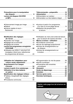 Page 585RQT6025
Mise en route
Opérations 
de base
Opérations avancées 
Pour référence
Précautions pour la manipulation 
des disques . . . . . . . . . . . . . . . . . . . . 09
Lecture de disques CD-R/RW 
et MP3 . . . . . . . . . . . . . . . . . . . . . . . . . 09
Déplier cette page lors de la lecture du
manuel.
Télécommande — préparatifs . . . . . . . . 10
Alimentation . . . . . . . . . . . . . . . . . . . . . 10
≥Alimentation sur secteur . . . . . . . . . . . . 10
≥
Alimentation sur bloc-batterie intégré. . ....