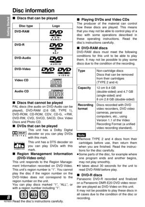 Page 8∫Discs that cannot be played
PAL discs (the audio on DVD-Audio can be
played), DVD-RAM (2.6 GB, TYPE 1), 
DVD-ROM, CD-ROM, CDV, CD-G, iRW, 
DVD-RW, CVD, SVCD, SACD, Divx Video
Discs and Photo CD.
∫DVDs that can be played
This unit has a Dolby Digital 
decoder so you can play DVDs
with this mark.
This unit has a DTS decoder so
you can play DVDs with this
mark.
∫Region Management Information
(DVD-Video only)
This unit responds to the Region Manage-
ment Information recorded on DVD-Video.
This unit’s region...