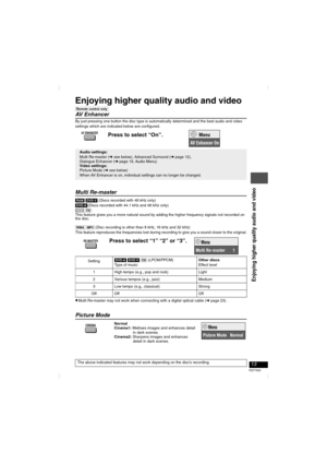 Page 1313
RQT7682
Enjoying higher quality audio and video
[Remote\control\only]
AV Enhancer
By just pressing one button the disc type is automatically determined and the best audio and video 
settings which are indicated below are configured.
 
Multi Re-master
[RAM] [DVD-V] (Discs recorded with 48 kHz only)
[DVD-A](Discs recorded with 44.1 kHz and 48 kHz only)
[VCD] [CD]
This feature gives you a more natural sound by adding the higher frequency signals not recorded on 
the disc.
[WMA] [MP3] (Disc recording is...