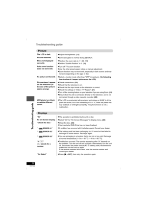 Page 3232
RQT7682
Troubleshooting guide
The LCD is dark.≥Adjust the brightness. (12)
Picture distorted.
≥Some disruption is normal during SEARCH.
Menu not displayed 
correctly.
≥Restore the zoom ratio to k1.00. (19)
≥Set the “Subtitle Position” to 0. (19)
Auto zoom function 
does not work well.
≥Turn off TV’s zoom function.≥Use the other preset aspect ratios or manual adjustment.
≥Zoom function may not work well, especially in dark scenes and may 
not work depending on the type of disc.
No picture on the LCD....