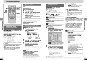 Page 1223RQT7070Basic Operations
22
RQT7070Basic Operations
Convenient featuresStarting play from a selected program, title, track or picture
[RAM] [DVD-A] [DVD-V][VCD][CD] [WMA] [MP3] [JPEG]Remote control onlyPress the numbered buttons to
select the item (
[WMA] [MP3] [JPEG]
and
press [ENTER]).
Play starts from the selected item.
To select a 2-digit number
e.g. 25: [S10]>[2]>[5]
e.g. 25:[WMA] [MP3] [JPEG]
e.g. 25:[2]>[5]>[ENTER]
If the on-screen menu icons are on the LCD
(➡page 28)≥This works only when stopped...