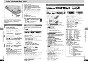 Page 1528
RQT7070Advanced Operations
29RQT7070Advanced Operations
Disc information
aPG: Program number [RAM]
PL: Playlist number [RAM]
T: Title number [DVD-V]
T: Track number [VCD][CD]
G: Group number 
[DVD-A][WMA] [MP3] [JPEG]
bC: Chapter number [DVD-V]
T: Track number [DVD-A][WMA] [MP3]
P: Picture number [JPEG]
cTime [RAM] [DVD-A] [DVD-V][VCD][CD]
≥Use [3,4] to show the elapsed play time
or remaining time.
[DVD-A][VCD][CD]
[)Elapsed play time
l:;
lRemaining time for the track
l:;
{)Remaining time for the...