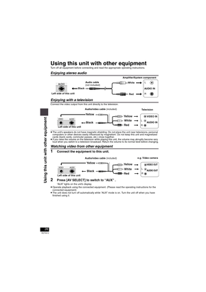 Page 2626
RQT8912
Using this unit with other equipmentTurn off all equipment before connecting and read the appropriate operating instructions.
Enjoying stereo audio
Enjoying with a television
Connect the video output from this unit directly to the television.
≥The unit’s speakers do not have magnetic shielding. Do not place the unit near televisions, personal 
computers or other devices easily influenced by magnetism. Do not keep this unit and magnetized 
cards (bank cards, commuter passes, etc.) close...