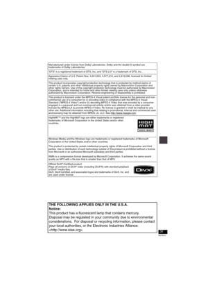 Page 35
35
RQT8912
Manufactured under license from Dolby Laboratories. Dolby and the double-D symbol are trademarks of Dolby Laboratories.
“DTS” is a registered trademark of DTS, Inc. and “DTS 2.0” is a trademark of DTS, lnc.
Apparatus Claims of U.S. Patent Nos. 4,631,603, 4,577,216, and 4,819,098, licensed for limited 
viewing uses only.
This product incorporates copyright protection technology that is protected by method claims of 
certain U.S. patents and other intellectual property rights owned by...