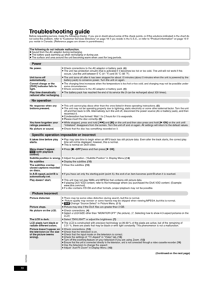 Page 1616
RQT9095
Troubleshooting guideBefore requesting service, make the following checks. If you are in doubt about some of the check points, or if the solutions indicated in the chart do 
not solve the problem, refer to “Customer Services Directory” on page 18 if you reside in the U.S.A., or refer to “Product information” on page 19 if 
you reside in Canada. (Reference pages are shown in parentheses.)
(Continued on the next page) The following do not indicate malfunction.
≥Sound from the AC adaptor during...