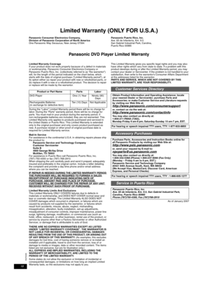 Page 1818
RQT9095
Limited Warranty (ONLY FOR U.S.A.)
Panasonic Consumer Electronics Company, 
Division of Panasonic Corporation of North America
One Panasonic Way Secaucus, New Jersey 07094Panasonic Puerto Rico, Inc.
Ave. 65 de Infantería, Km. 9.5
San Gabriel Industrial Park, Carolina, 
Puer to Rico 00985
Panasonic DVD Player Limited Warranty
Limited Warranty Coverage
If your product does not work properly because of a defect in materials 
or workmanship, Panasonic Consumer Electronics Company or 
Panasonic...