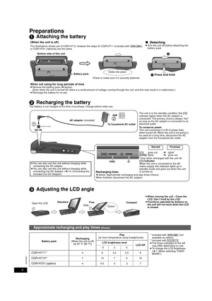 Page 44
RQT9095
Preparations
1Attaching the battery
2Recharging the battery
The battery is not charged at the time of purchase. Charge before initial use.
3Adjusting the LCD angle
(When the unit is off)
The illustrations shown are of CGR-H712; however the steps for CGR-H711 (included with [DVD-LS83]) 
or CGR-H701 (optional) are the same.
∫Detaching≥Turn the unit off before detaching the 
battery pack.
When not using for long periods of time≥Remove the battery pack (➜ above). 
(Even when the unit is turned off,...