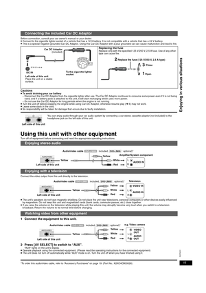 Page 1515
RQT9201
Enjoying in various situations
Before connection, consult your car owner’s manual or your dealer.≥Connect to the cigarette lighter socket of a vehicle that has a 12 V battery. It is not compatible with a vehicle that has a 24 V battery.≥This is a special negative grounded Car DC Adaptor. Using this Car DC Adaptor with a plus grounded car can cause malfunction and lead to fire.
Cautions≥To avoid draining your car battery
– Disconnect the Car DC Adaptor from the cigarette lighter after use. The...