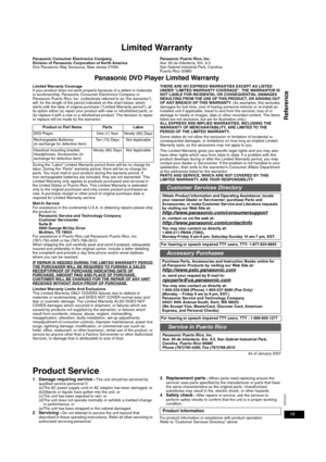 Page 1919
RQT9201
Reference
Limited Warranty
Panasonic Consumer Electronics Company, 
Division of Panasonic Corporation of North America
One Panasonic Way Secaucus, New Jersey 07094Panasonic Puerto Rico, Inc.
Ave. 65 de Infantería, Km. 9.5
San Gabriel Industrial Park, Carolina, 
Puer to Rico 00985
Panasonic DVD Player Limited Warranty
Limited Warranty Coverage
If your product does not work properly because of a defect in materials 
or workmanship, Panasonic Consumer Electronics Company or 
Panasonic Puerto...